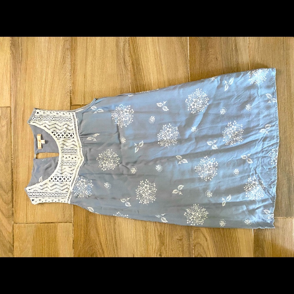 Blue and White Floral Print Dress with Lace Detailing